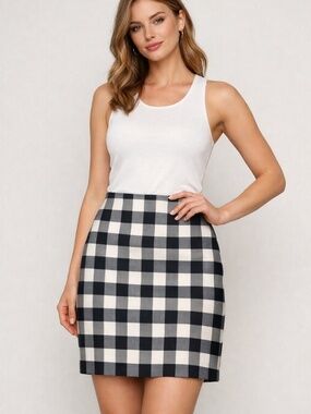 Black White Gingham Mini Skirt XS Ann Taylor Factory Preppy Chic